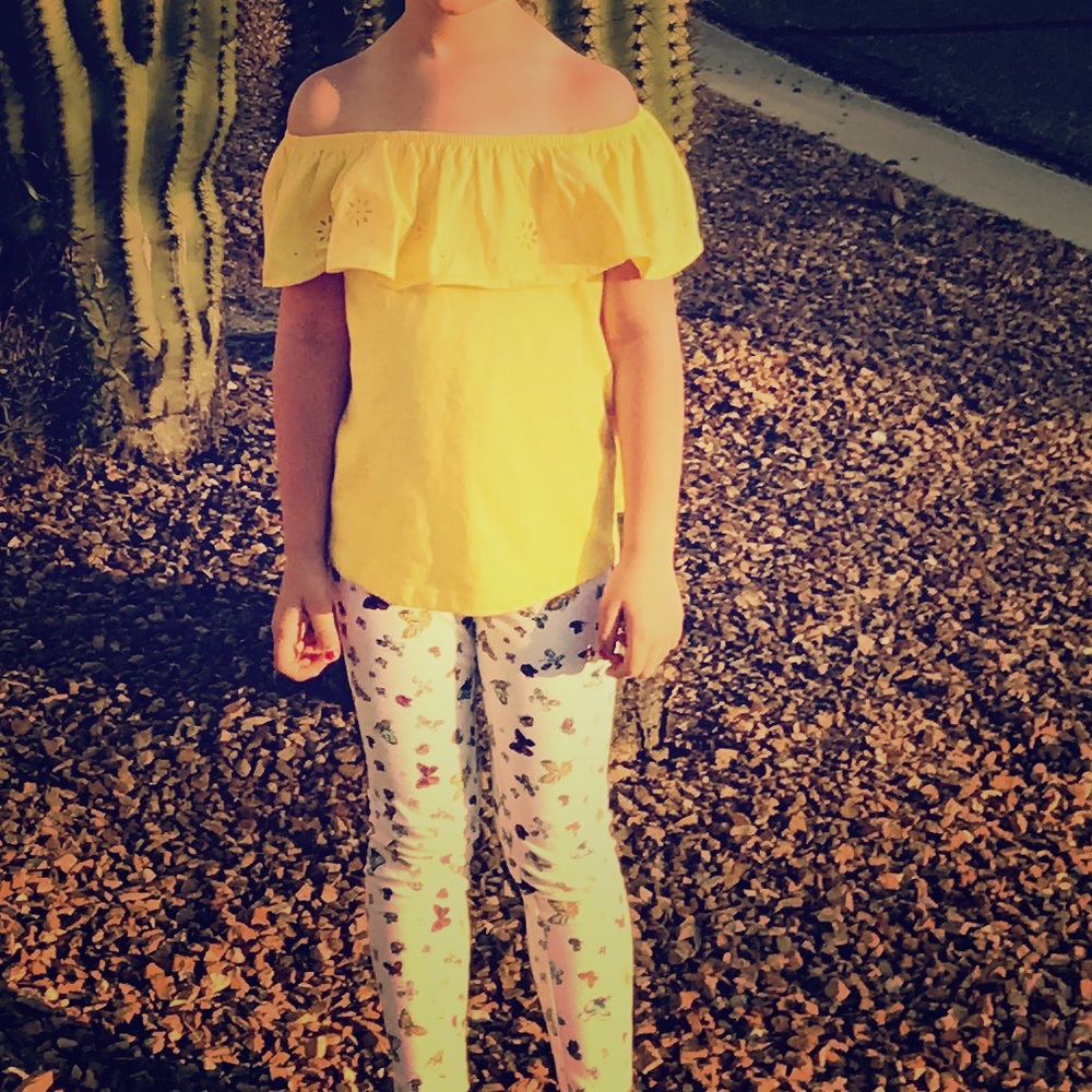 Off the shoulder yellow shirt